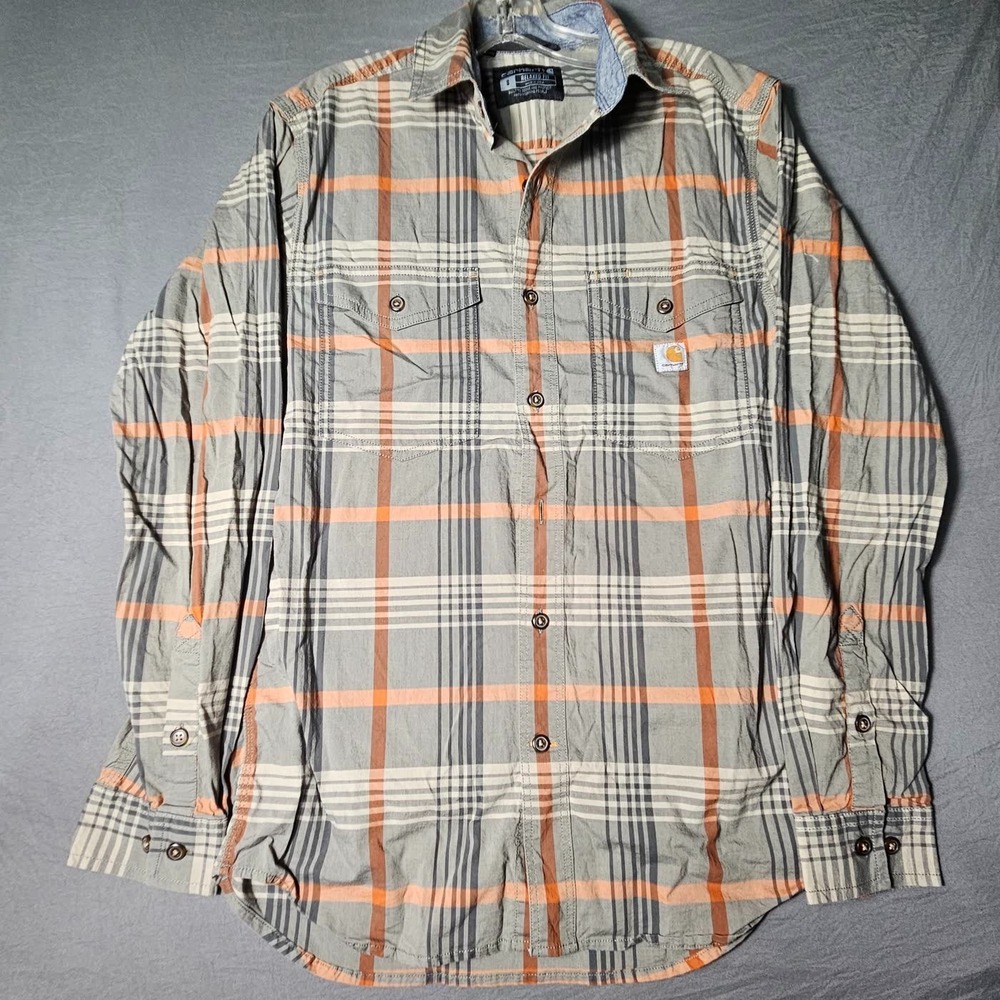 Carhartt Relaxed Fit Plaid Button Up Shirt Mens Small Gray Orange Long Sleeve